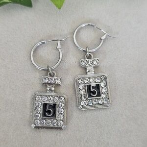 Silver Crystal Embellished Perfume Bottle No 5 Hoop Earrings